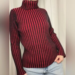 SPANNER Red and Black Striped Turtleneck Sweater